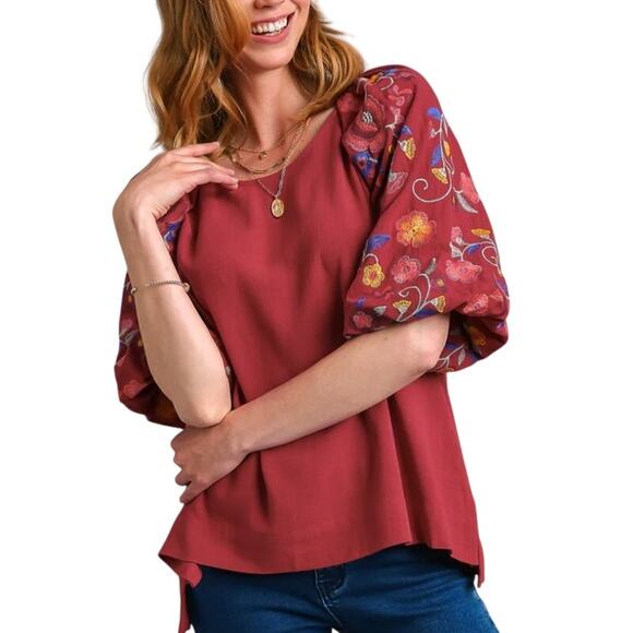 Umgee Linen Blend Top L NEW Embroidery Sleeves Crimson Red Floral Puff Sleeves - Picture 9 of 9